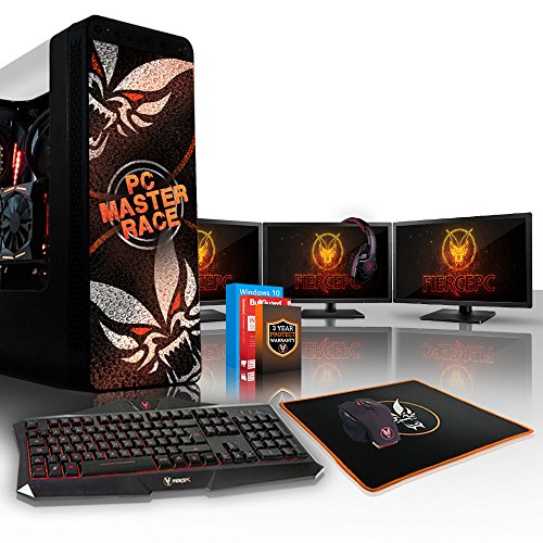 Fierce CHEETAH RGB Gaming PC Bundle - Schnell 4 x 4.5GHz Quad Core Intel Core i7 7700K, 120 mm All-In-One Flüssigkühler, 1TB Solid State Hybrid Drive, 16GB von 2133MHz DDR4 RAM-Speicher, NVIDIA GeForce GTX 1060 6GB, HDMI, USB3, Wi-Fi, VR Bereit, Perfekt für High-End-Spiele, Windows 10 installiert - Tastatur (VK/QWERTY) / Maus / 3x 24-Zoll-Monitore / Headset, 3 Jahre Garantie (500285)