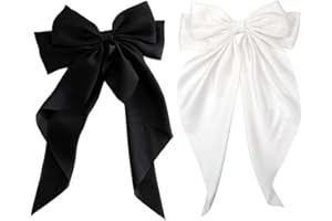 NT-LING Big Bow Hair Clips 2pcs, Long Tail French hair Bows for Women Girl, Satin Silky Bow Hair Barrette,Black Milky White Bow Up Accessories for Birthday/Party/Show/Christmas/Thanksgiving