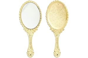 KABAKE Handspiegel, Handspiegel mit Griff, kleines Reisepaket, Kompaktspiegel, Vintage-Stil, dekorativer Make-up-Kosmetik-Geldbörsenspiegel für Mädchen und Frauen (Goldfarben)