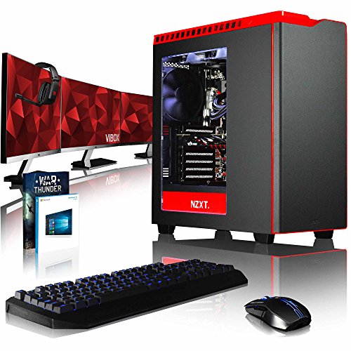 VIBOX Armageddon GM770-680 Komplett-PC Paket Gaming PC - 4,2GHz Intel i7 Quad Core CPU, GTX 1070, leistungsfähig, Wassergekühlter Desktop Gamer Computer mit Spielgutschein, 3x Dreifach 27" Monitor, Gamer Tastatur & Mouse, Windows 10, Weiß Innenbeleuchtung, lebenslange Garantie* (3,6GHz (4,2GHz Turbo) Superschneller Intel i7 7700 Kabylake Quad 4-Core Prozessor CPU, Nvidia GeForce GTX 1070 8GB Grafikkarte, 32GB Team 3000MHz DDR4 RAM, 2TB Festplatte, Corsair H100i GTX Wasserkühler, NZXT Gehäuse)