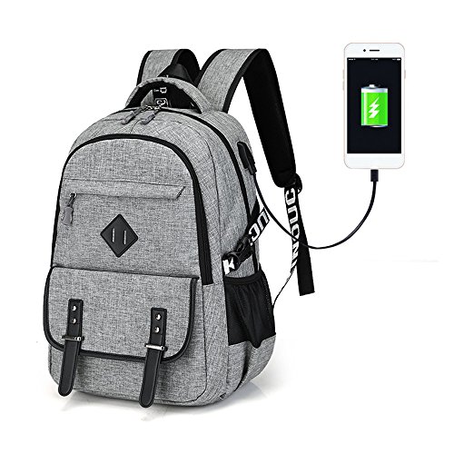 Waterproof Laptop Backpack Polyester Solid Notebook Bag with USB Charger for men&amp;women (grey)