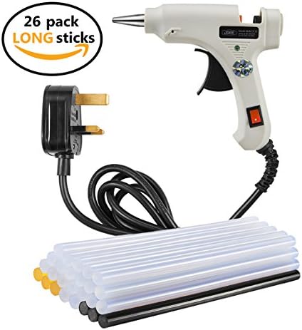FaciFun 20W Adjustable Hot Glue Gun with 26pcs 7*190mm Long Glue Sticks (3 Black 3 Yellow 20 Transparent) Work with Wood Fabric Metal Card Plastic Glass Ceramics for DIY Crafting Repairing Deco
