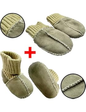 SET Baby Lammfell Babyschuhe + Handschuhe / Fäustlinge (ECHTES LAMMFELL) Mit Strickbündchen