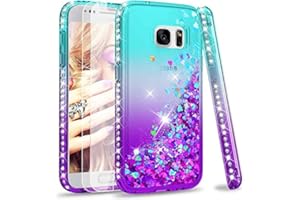 LeYi Etui do Samsung Galaxy S7 ze szklanym ochraniaczem na ekran [2 sztuki], brokatowy płynny przepływ luksusowy przezroczysty diament personalizowany TPU silikonowy odporny na wstrząsy pokrowiec Samsung S7 G930 turkusowy fioletowy