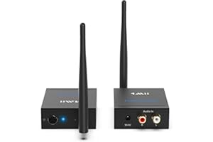 1Mii Wireless Audio Transmitter and Receiver, 2.4GHz Long Range Transmitter and Receiver Low Latency from TV/PC to Active Bookshelf Speakers/Stereo/Subwoofer/CD, RCA Port, 100m Outdoor(Audio Only)