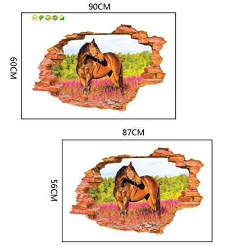 AUVS® 3D Lebendige Tiere- Selbstklebende Abnehmbaren Durchbrechen Die Mauer Vinyl Wandsticker / Wandgemälde Kunst Aufkleber Dekorateur (8001H Pferd Horse(60*90cm)) - 2