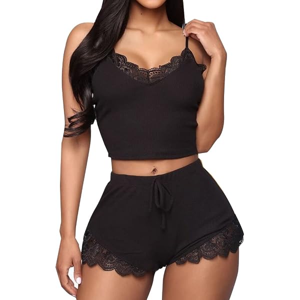 Pyjama Femme Sexy RSLOVE - Ensemble Dentelle Débardeur Et Short | 90% Polyester, 10% Élasthanne