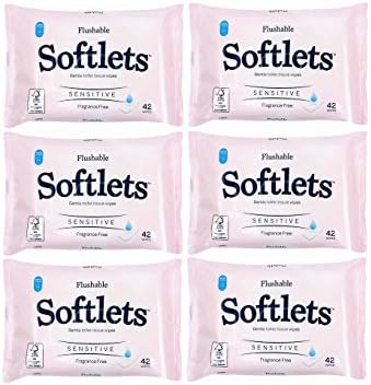 6 x 42pc Packs Sensitive Moist Softlets Gentle Toilet Tissue Flushable Wipes Fre.