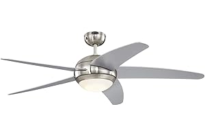 WESTINGHOUSE 72069 Ventilateur de Plafond D’Intérieur à Cinq Pales Bendan LED 132 cm, Chrome Satiné avec Accents Martelés, Kit D‘Éclairage LED à Variateur avec Verre Opale Dépoli, Télécommande Incluse