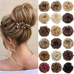 Messy Bun Hair Piece Scrunchy Updo Hair Pieces for Women Fluffy Wavy Hair Bun Scrunchies Donut Hairpiece Synthetic Chignons With Elastic Rubber Band Light Ash Brown & Bleach Blonde-Thicker 1 pc