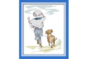 LECZANY Kit de Bordado Cruzado de 11CT Tela Impresa 27x35cm Bordado DIY Kit de Entrada Simple Bordado Preimpreso Para Niñas Manualidades Artículos DMC Bordado - Un niño y su perro