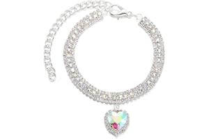 LtuzPet 3 Reihen Strass Haustier Halsband mit Diamanten Halskette Herz Anhänger Verstellbar Haustier Bling Halsband Katze Hund Ornament Haustier Schmuck Zubehör