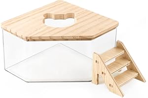 Haohai Hamster Sandbad, Pentagon Hamster Sandbad Behälter mit Kletterleiter, Groß Acryl Hamster Grabbox mit Holzabdeckung, Sandbad für Hamster Kleintiere