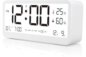 VINILITE cyfrowy budzik nocny, zasilany bateriami, temperatura i wilgotność powietrza, kalendarz, lampka nocna, 2 alarmy, regulacja jasności, cyfrowy zegar stołowy