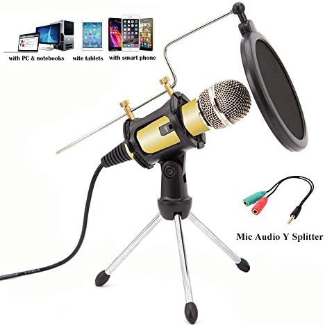 Professional singing recording microphone， JIanna phone K song microphone with a shock frame for computer PC Andrews &amp; Apple phone，PLUG AND PLAY- MC6B (Gold)