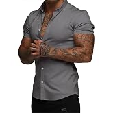 Elegancity Mens Shirts Short Sleeve Smart Casual Summer Beach Shirts Slim Muscle Fit Button Down Formal Dress Shirt S-3XL