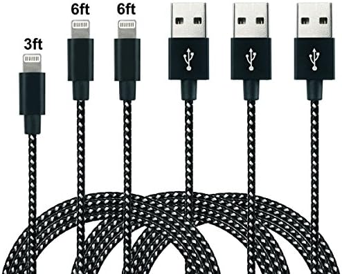 iPhone Charger Cable 3ft 6ft Nylon Braided Sync Lightning to USB Cable Charger for iPhone 7/6/6 Plus/6s/5/5s/iPad Air 3/iPad Pro (3 Pack) Black White