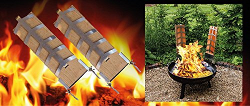 2 teiliges Flammlachs-Set: 2 Buchenholz Flammlachs-Bretter inkl 2 Edelstahlhalter zur Befestigung an Feuerschalen mit verstellbarem Neigungswinkel - 2