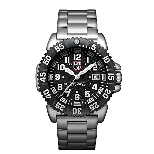 Luminox Navy SEAL Steel Colormark Men's Quartz watch with Black dial featuring LLT Luminox light Technology 44 millimeters Stainless Steel case and Silver Stainless Steel Bracelet XS.3152.NV