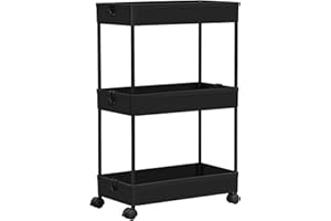 ‎KLIHOME Klihome Servierwagen 3 Ebenen, Küchenwagen mit Rollen, Rollwagen mit ausgehöhlten Körben, 4 Haken, 2 Bremsen, Allzweckwagen für Wohnzimmer Badezimmer Küche, Kunststoff Metall, Schwarz