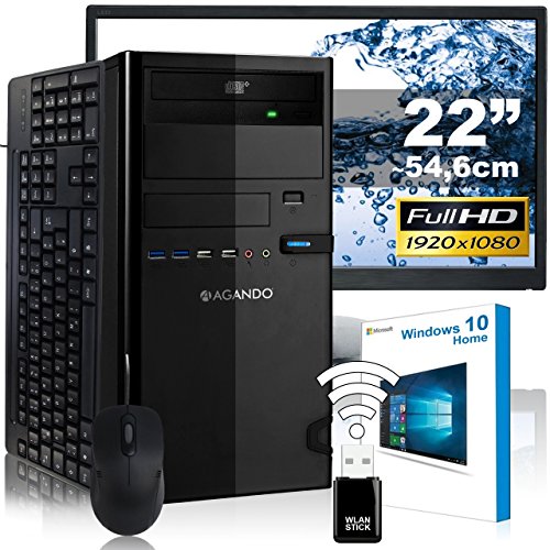 AGANDO Silent Multimedia PC-Komplettpaket | Intel Core i5 7500 4x 3.4GHz | Turbo 3.8GHz | Intel HD Grafik 1.7GB | 8GB RAM | 500GB HDD | DVD-RW | USB3.1 | 55cm (22") TFT | Tastatur | Maus | WLAN | Windows 10 | 36 Monate Garantie | Computer für Multimedia, Gaming, Büro/Office