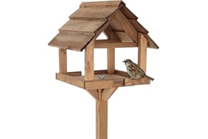 MAZUR International Domek dla ptaków ze stojakiem z drewna, odporny na warunki atmosferyczne, karmnik dla ptaków, karmnik dla dzikich ptaków, do ogrodu, na balkon