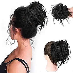 HMD Messy Bun Hair Piece Hair With Elastic Rubber Band Extensions Hairpiece Synthetic Hair Extensions Scrunchies Hairpiece for Women (Tousled Updo Bun, Natural Black).