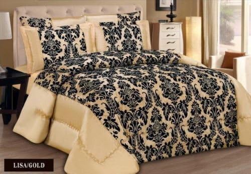 3 Pieces Luxury Damask Flock Comforter Set Quilted floral Bedspread & 2 Pillowcases (DOUBLE, GOLD)