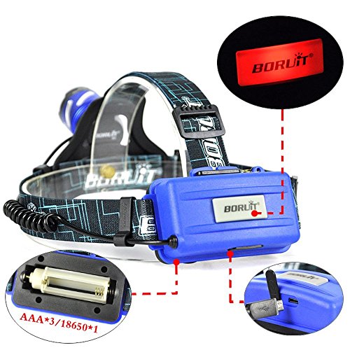 Boruit Led stirnlampe kopflampe Späteste Version LED-Hauptfackel, hohe Leistung XM-L T6 LED Scheinwerfer, wasserdichte Zoomable nachladbares Scheinwerfer-Taschenlampen-Kopf-Lampen-Licht für das kampierende fischende das Radfahren laufende wandernde Jagd-kletterndes Sicherheits-Licht mit SOS-Warnungs-Funktion, European regulation charger - 5