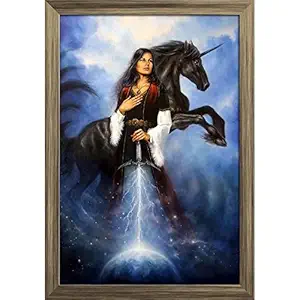 ArtzFolio Beautiful Woman with The Unicorn in Space Paper Poster Antique Golden Frame | Top Acrylic Glass 13 x 19 inch (33 x 48 cms)