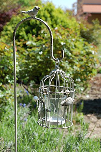 Gartenstecker mit Windlicht Vogel & Perlen Dekoration Anhänger Teelicht Teelichthalter Windlicht Kerzenhalter Vogel Käfig grau 113cm - 3