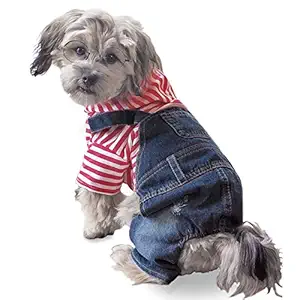 Pet Dog Cat Clothes Jeans Jacket Red Striped Puppy Denim Jumpsuits Hooded Hoodie Coats Classic One-Piece Apparel for Small Puppy Medium Dogs Lapel Vests Costumes