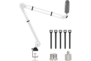 BOMGE Soporte de brazo de micrófono, soporte de brazo de suspensión de clip ajustable para Blue Snowball, Blue Yeti, radiodifusión y juegos (blanco)