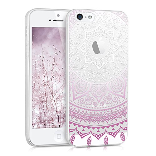 kwmobile Étui transparent en TPU silicone pour Apple iPhone SE / 5 / 5S en violet blanc transparent Design soleil indien
