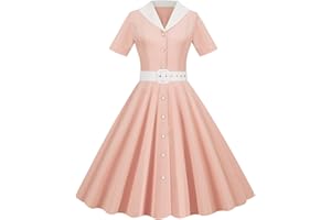 ZEIAYUAS Womens Vintage Rockabilly Dress 1950s A Line Swing Cocktail Party Dress Plain Button Short Sleeve Retro Dresses Swing Flowy Tea Dress Audrey Hepburn 50s 60s Dance Gown with Belted