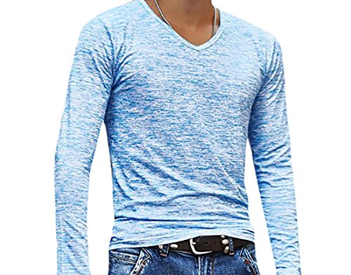 Tootlessly-Men Blouse Leisure Long Sleeve Striped Pullover Stylish T-Shirts M Blue