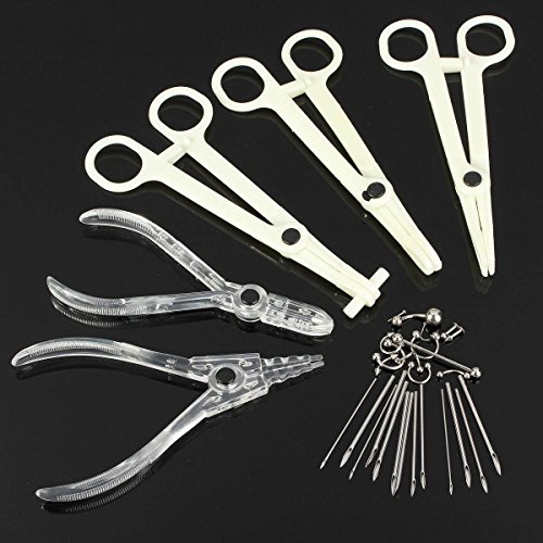 LuckyFine Sterile Body Navel Ear Nose Piercing Opening Pliers Needle Tattoo Tool Kit