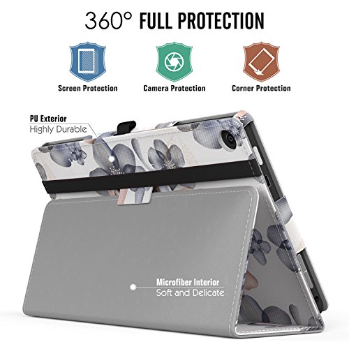 MoKo Hülle für Fire HD 8 2016 – Kunstleder Ständer Schutzhülle Smart Cover mit Auto Schlaf / Wach Funktion und Stift-Schleife für Fire HD 8 Tablet (6. Generation – 2016), Blumen Marineblau - 3