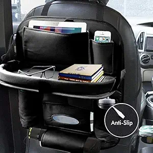 CARIZO Heavy Leather Car Back Seat Organizer with Foldable Dining Table Tray Waterproof Storage Pockets (Black) for Ford Figo (Type-II) 2012-2015