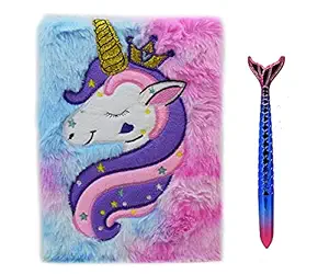 Asera 1 Pc Stylish Unicorn Fur Diary (Size 21*15 cm) and a Mermaid Gel Pen for Girls for Birthday Return Gifts