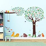 Decowall DML-1312P1410 Großer Baum mit Tierfreunden & Zweig mit Eulen Wandsticker Wandaufkleber Wandtattoo Kinderzimmer