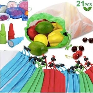 Hero 12 Reusable Mesh Produce Bags, 6 Eco Silicone Stretch Lids and 3 Wine Bottle Stoppers, 21 Pc. Set, All Purpose Travel and Kitchen Storage, Retain Optimal Freshness