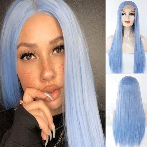 Blue Bird Natural Pastel Blue Hairstyle Long Straight Wigs Heat Resistant Fiber Women Hair Light Blue Synthetic Lace Front Wig