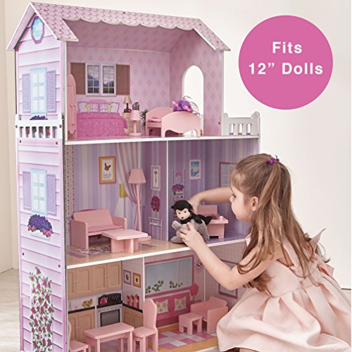 Teamson Kids - Fancy Mansion Wooden Doll House with 13 pcs Furniture for 12 inch Dolls