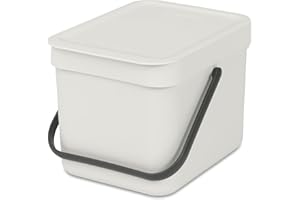 Brabantia Sort & Go Food Waste Bin 6L (Light Grey), Space-Efficient Plastic Recycle Bin with Handle, Removable and Stay-Open Lid, Easy to Clean Kitchen Compost Caddy without Nooks and Rims