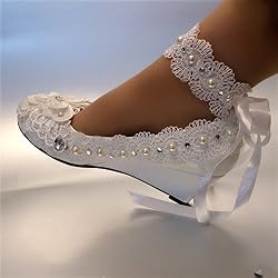 JINGXINSTORE Perlas de Marfil Cordón Ribbon Pulsera para el Tobillo Zapatos de Boda Nupcial en cuña de 5 cm tamaño 5-11,Marfil,US 5.5