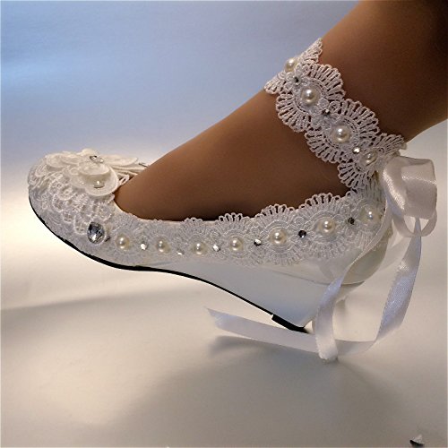 JINGXINSTORE Perlas de Marfil Cordón Ribbon Pulsera para el Tobillo Zapatos de Boda Nupcial en cuña de 5 cm tamaño 5-11,Marfil,US 5.5