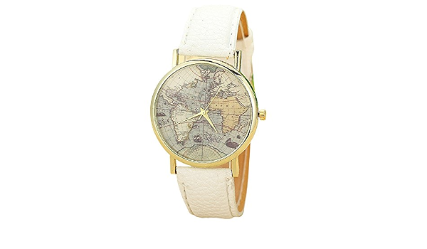 Orologio da polso al quarzo, unisex, oro, con disegno planisfero, cinturino  in pelle bianco : Amazon.it: Orologi