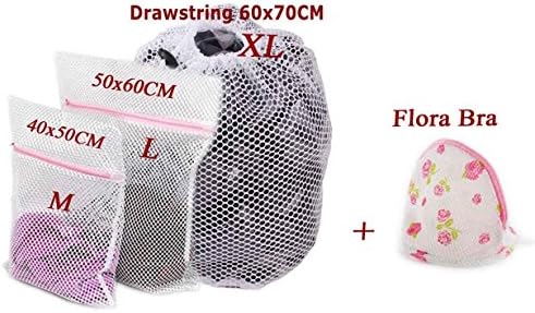 WestHOME Mesh Laundry Bags for Washing Machines with Pink Zips, Net Washing Bag for Delicates, Underwear, Socks, Bras - Set of 4 (Medium * 1, Large * 1, XLarge*1, Flora Bra bag*1)
