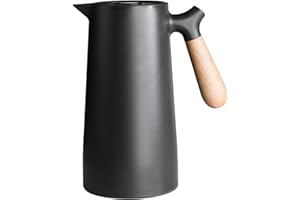 TOMOTATO Jarra Térmica de Café de 34oz/1L, Tetera de Café al Vacío de Doble Pared con Revestimiento de Vidrio Termo de Café Aislado con Mango de Madera, Mantiene el Frío Caliente(Negro)